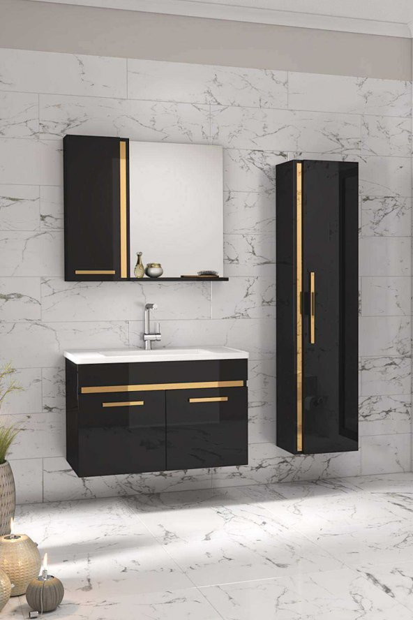 Alfa Banyo Yeni Gold SİYAH (80+35) 115 Cm Boy Dolaplı Banyo Takımı-HAZIR KURULU ürün görseli 1
