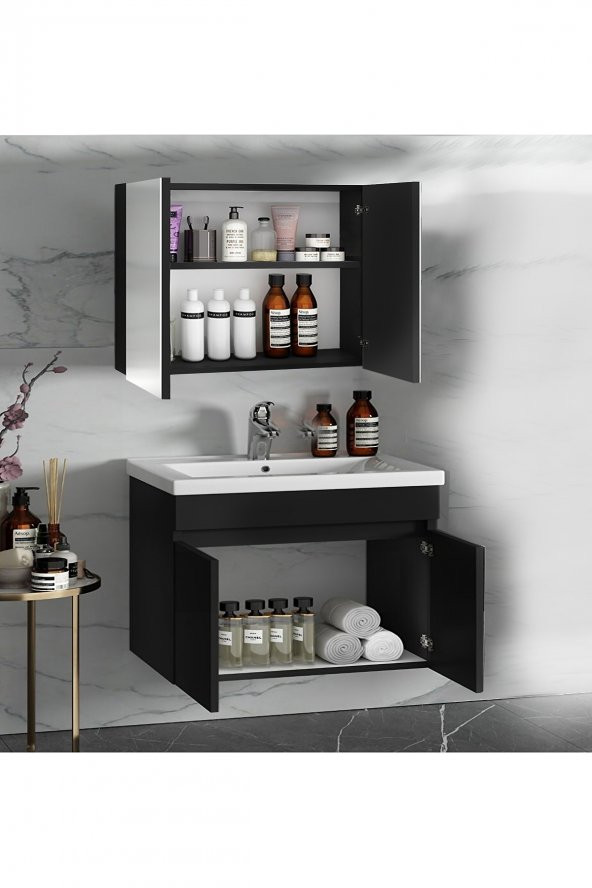 Alfa Banyo Viola Siyah-65 cm MDF-Hazır kurulu-aynalı lavabolu banyo dolabı takımı ürün görseli 1
