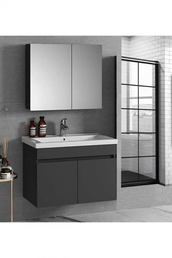 Alfa Banyo Viola Antrasit 65 cm MDF-Hazır kurulu-aynalı lavabolu banyo dolabı takımı ürün görseli 1