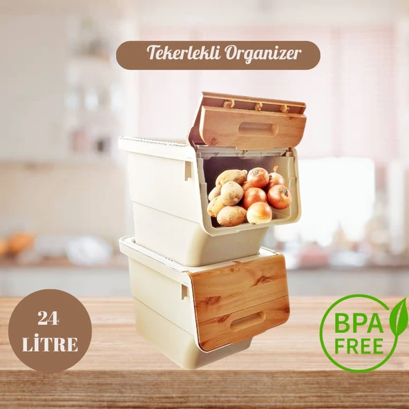 Motek Bambu Tekerlekli Organizer Çok Amaçlı Saklama Kutusu 2X12 Lt ürün görseli 1