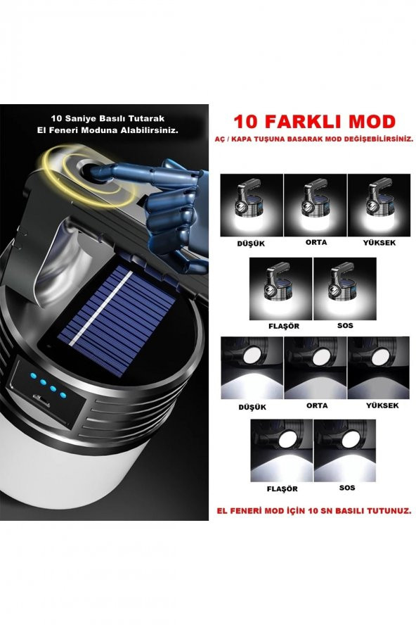 10 Modlu Güneş Enerjili Solar Aydınlatma Kamp Çadır Lambası Led Şarjlı Işıldak El Feneri ürün görseli 1