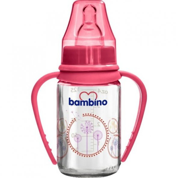 Bambino Cam Kulplu Biberon 125 ml Kırmızı Karahindiba ürün görseli 1