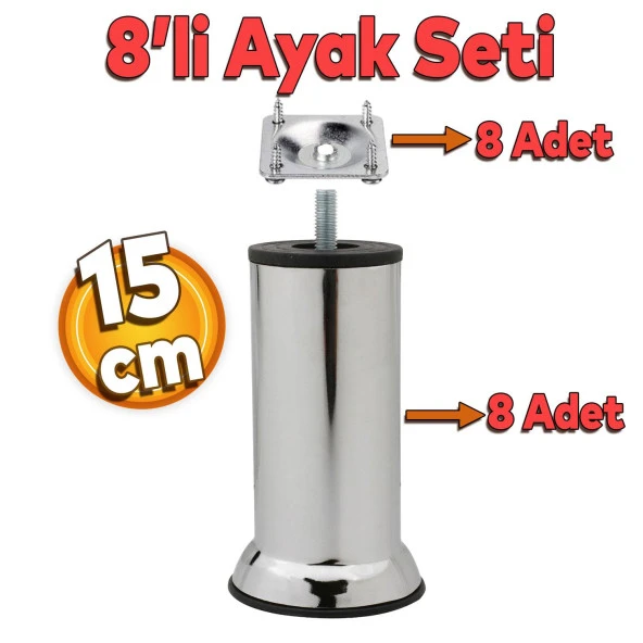Mobilya Kanepe Baza Koltuk Destek Ayağı M8 Civata 15 cm Krom Metal Ayak + Bağlantı Aparatı (8'Li SET) ürün görseli 1