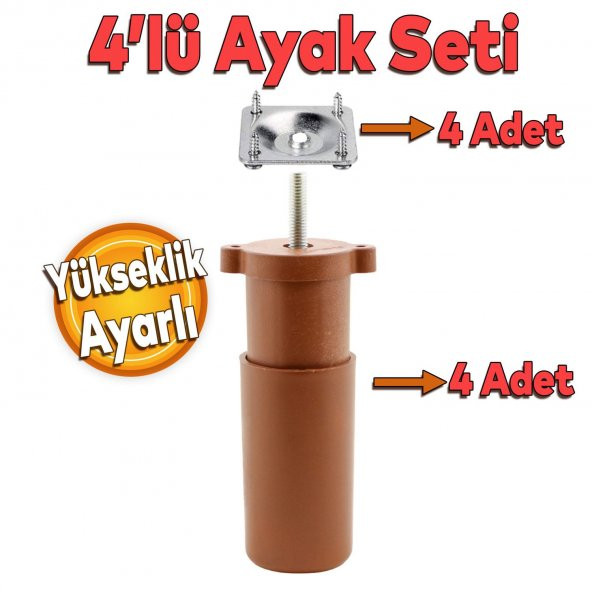 Mobilya Kanepe Baza Koltuk Destek Ayağı Ayarlı 9.5 cm Kahverengi Ayak+Bağlantı Aparatı  (4lü SET) ürün görseli 1