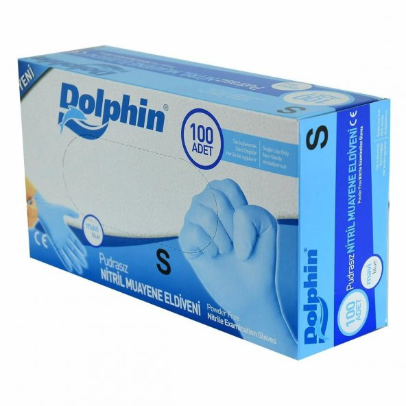 Dolphin Tek Kullanımlık Lateks Mavi Pudrasız Nitril Muayne Eldiveni Small Küçük Boy - 100'lü Paket ürün görseli 1