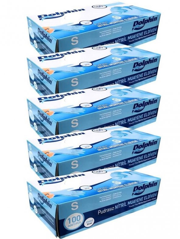 Dolphin Tek Kullanımlık Lateks Mavi Pudrasız Nitril Muayne Eldiveni Small Küçük Boy -100'lü 5 Paket ürün görseli 1