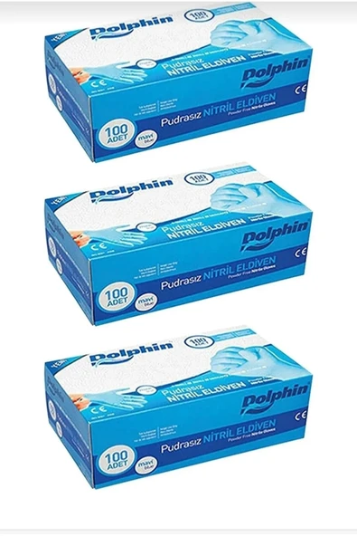 Dolphin Tek Kullanımlık Lateks Mavi Pudrasız Nitril Muayne Eldiveni Small Küçük Boy -100'lü 3 Paket ürün görseli 1