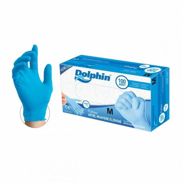 Dolphin Tek Kullanımlık Lateks Mavi Pudrasız Nitril Muayne Eldiveni Medium Orta Boy - 100'lü Paket ürün görseli 1