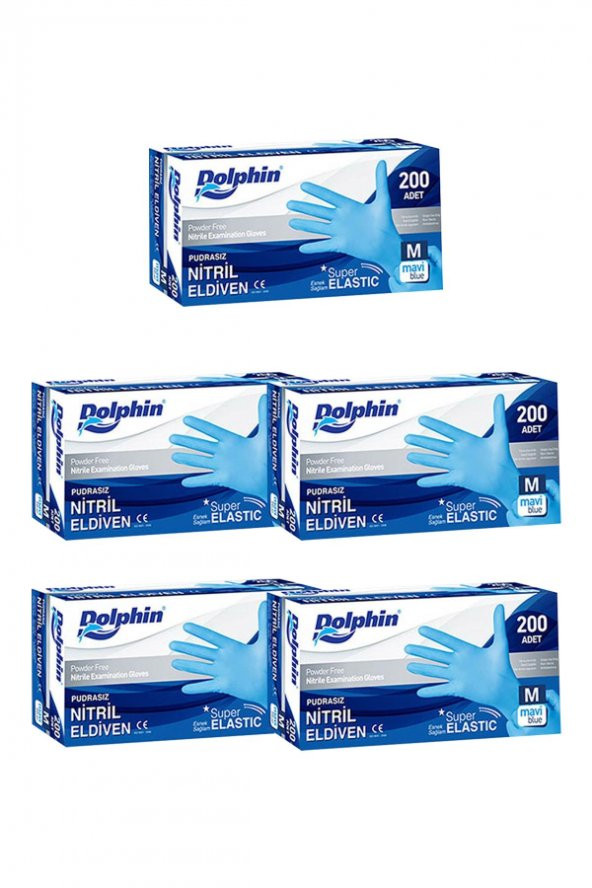 Dolphin Tek Kullanımlık Lateks Mavi Pudrasız Nitril Muayne Eldiveni Medium Orta Boy - 100'lü 5 Paket ürün görseli 1