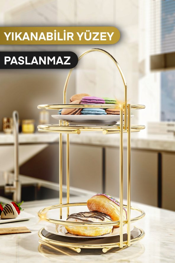 Bino İkramlık 2 Katlı 40 CM Gold Lüks Kurabiyelik Tepsi Servis Sunum Organizeri Mutfak Düzenleyici ürün görseli 1