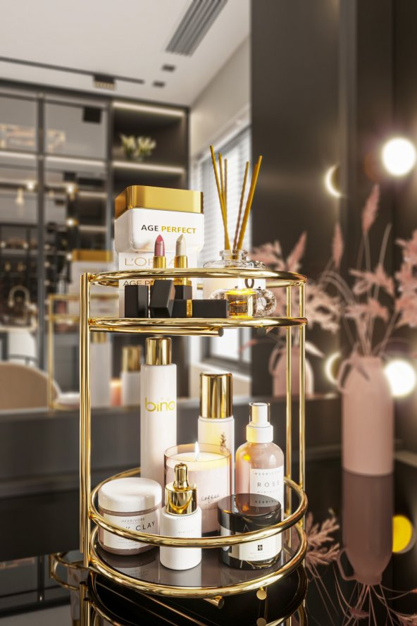 Bino Banyo Kozmetik Takı Düzenleyici Çok Amaçlı Organizer 2 Katlı Servis Sunum Tepsisi İkramlık GOLD ürün görseli 1