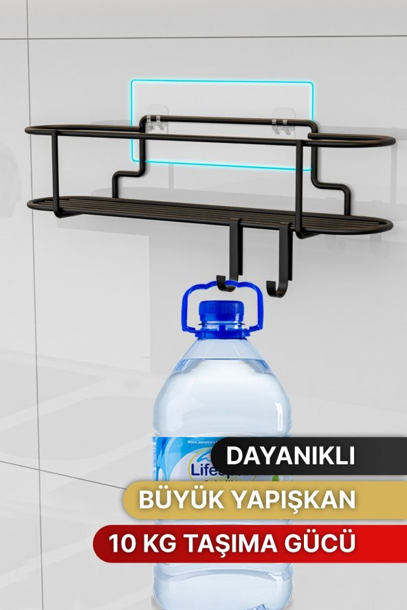 Bino Baharatlık Lüks Metal Siyah Mutfak Rafı Banyo Rafı Yapışkanlı Kancalı Tasarım Tuzluk Askılık ürün görseli 1
