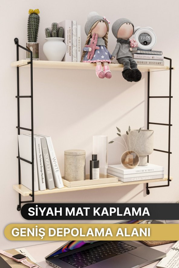 Bino Duvar Rafı Masif Doğal Ahşap Büyük Boy Geniş 2 Katlı Kitaplık Terek Mutfak Rafı Banyo Rafı ürün görseli 1