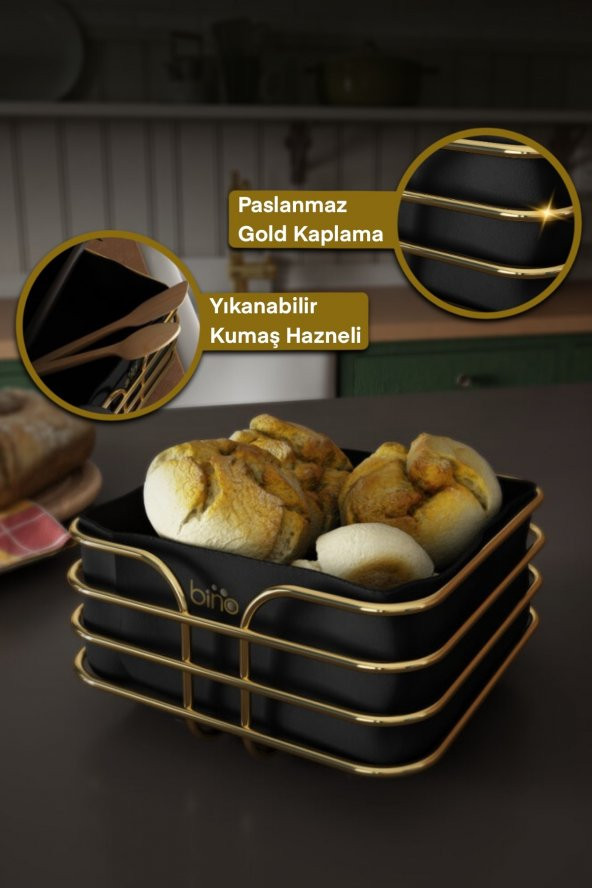 Bino Ekmeklik Ekmek Sepeti Çok Amaçlı Metal Kutu Lüx Gold Paslanmaz Sepet Siyah Kumaş ürün görseli 1