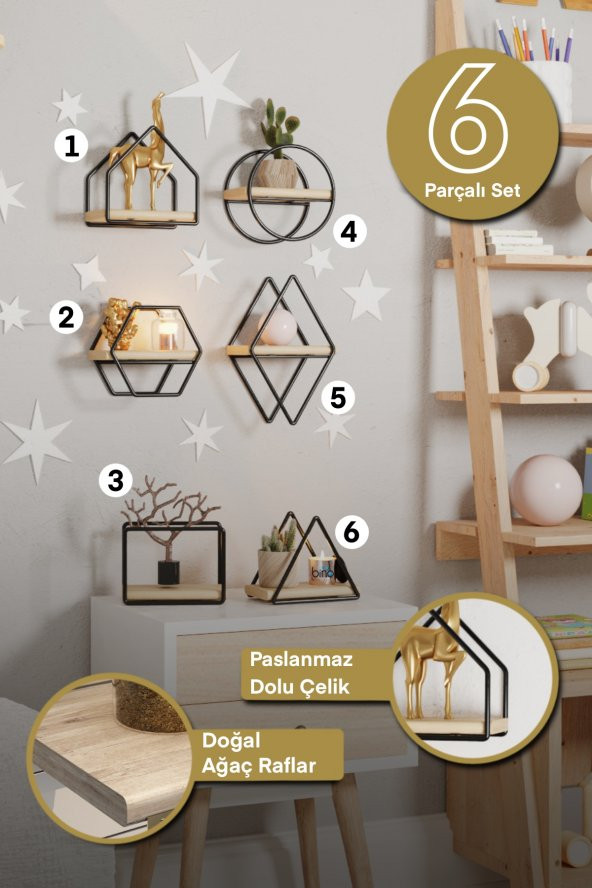 Bino Montessori Kitaplık Bebek Çocuk Odası Duvar Rafı  Ahşap Minyatür Oyuncak Odası Raf 6LI SET ürün görseli 1