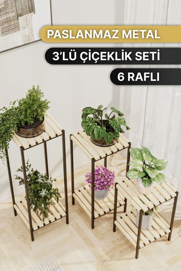 Bino Saksılık 3 LÜ SET AHŞAP Çiçeklik Dekoratif Lüks Bahçe Mobilyası Saksı Standı Bahçe Balkon Rafı ürün görseli 1