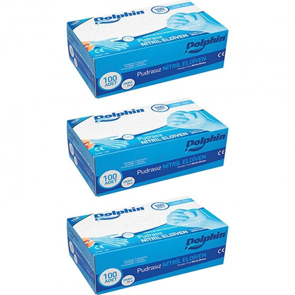 Dolphin Tek Kullanımlık Lateks Mavi Pudrasız Nitril Muayne Eldiveni Large Büyük Boy - 100'lü 3 Paket ürün görseli 1