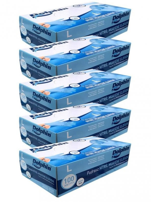 Dolphin Tek Kullanımlık Lateks Mavi Pudrasız Nitril Muayne Eldiveni Large Büyük Boy - 100'lü 5 Paket ürün görseli 1