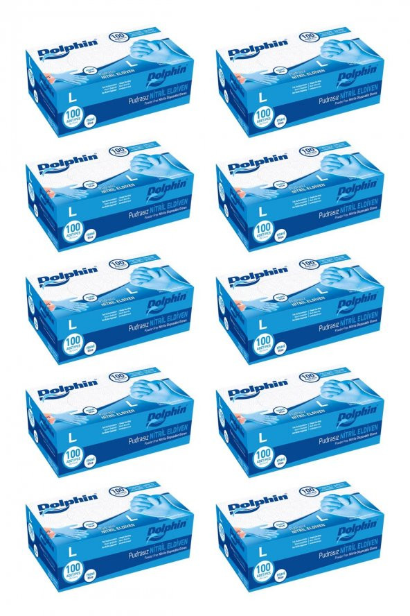 Dolphin Tek Kullanımlık Lateks Mavi Pudrasız Nitril Muayne Eldiveni Large Büyük Boy -100'lü 10 Paket ürün görseli 1