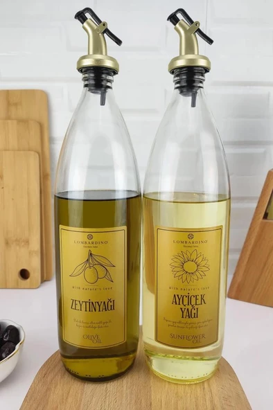 Digithome Lombardino Vetro 2'li Zeytinyağı ve Sıvıyağ Şişesi Gold Etiketli Yağdanlık 1000 Ml SH-0024 ürün görseli 1
