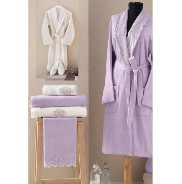 Maxstyle Bamboo Bornoz Aile Banyo Seti Mürdüm/Krem Ela ürün görseli 1
