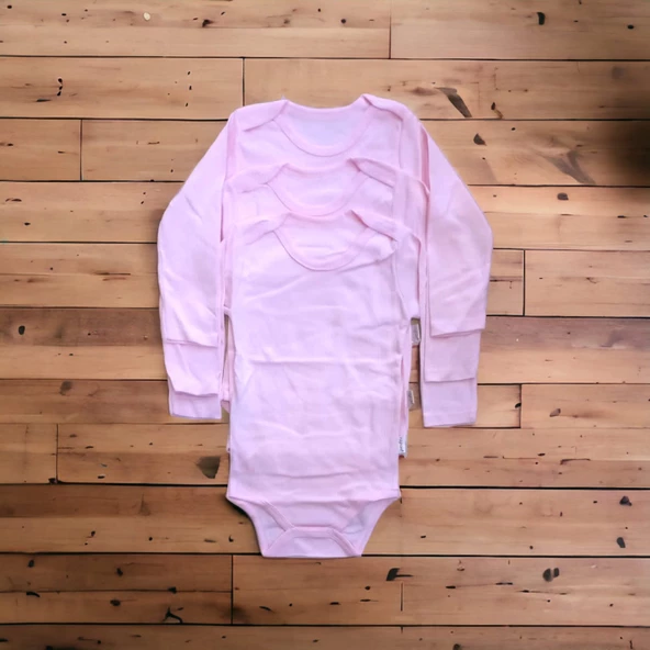 çıtçıtlı bebek body zıbın uzun kollu pamuklu PEMBE 3 adet fitili ürün görseli 1