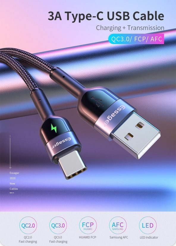 Essager Led Işıklı 3.0A 1Metre Type-C Şarj Data Kablosu - Resim 3