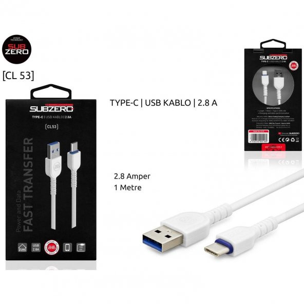 Subzero 2.8A 1Metre Usb Type-C Şarj Data Kablosu Beyaz ürün görseli 1
