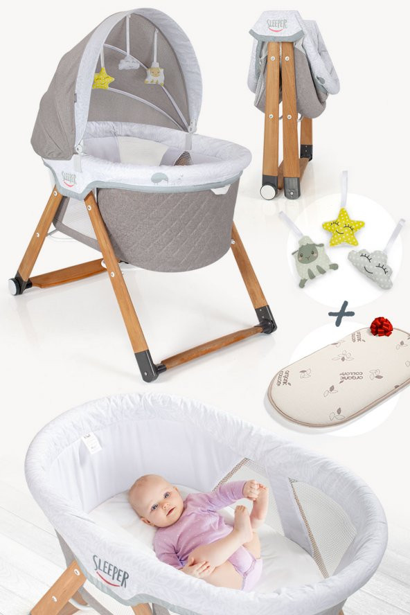 Kiwi Sleeper All İnOne Naturel Ahşap Sallanabilen Katlanır Tekerli Bebek Beşiği Yaprak Desenli Vizon ürün görseli 1