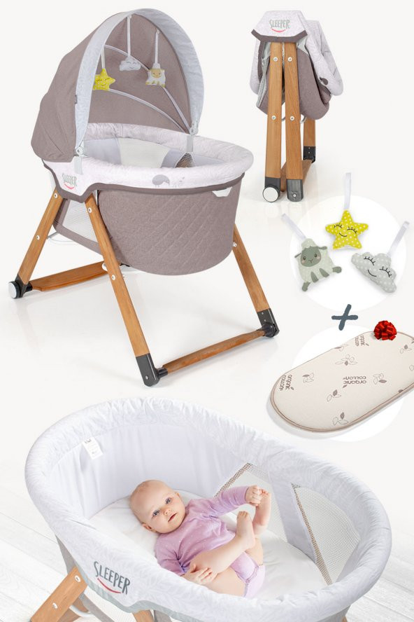 Kiwi Sleeper All İnOne Naturel Ahşap Sallanabilen Katlanır Tekerli Bebek Beşiği Yaprak Desenli Kahve ürün görseli 1