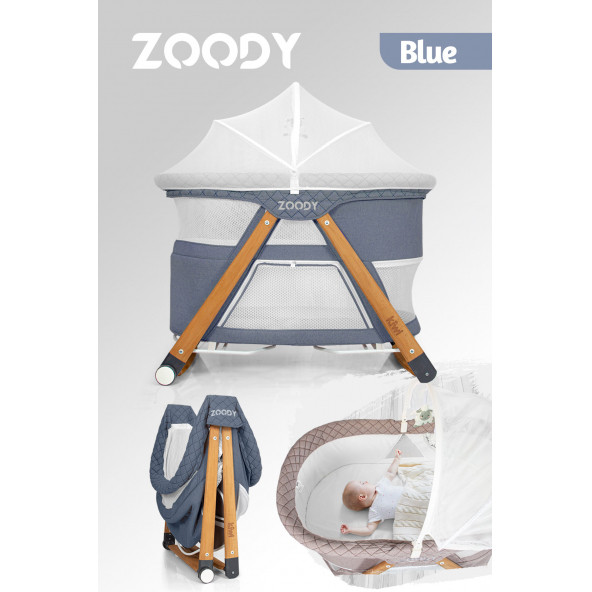 Kiwi Zoody 3 in 1 Bebek Beşiği, Oyun Parkı ve Park Yatak Mavi ürün görseli 1
