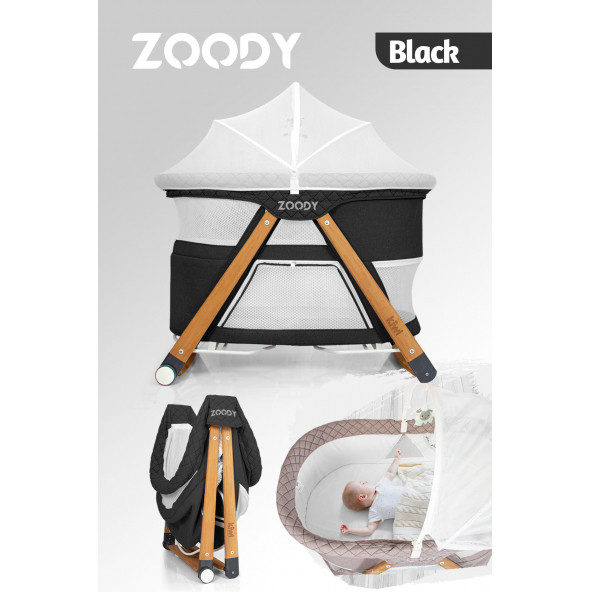 Kiwi Zoody 3 in 1 Bebek Beşiği, Oyun Parkı ve Park Yatak Siyah ürün görseli 1