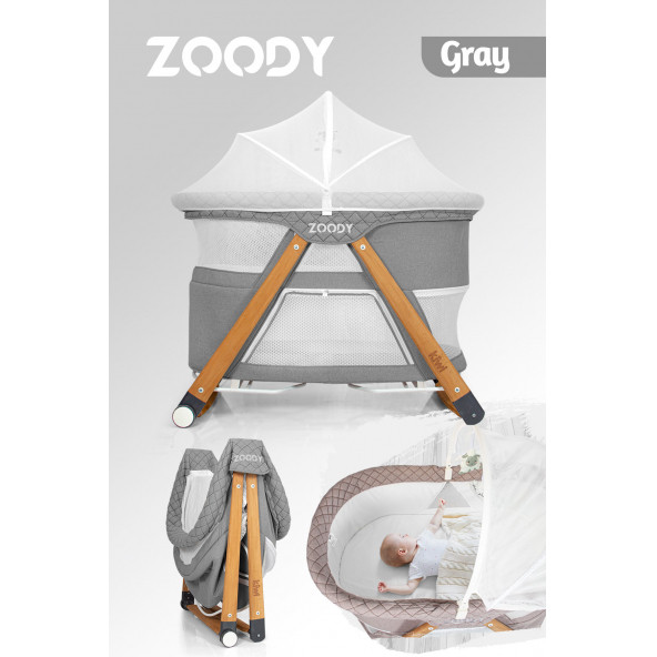 Kiwi Zoody 3 İn 1 Bebek Beşiği, Oyun Parkı Ve Park Yatak Gri ürün görseli 1