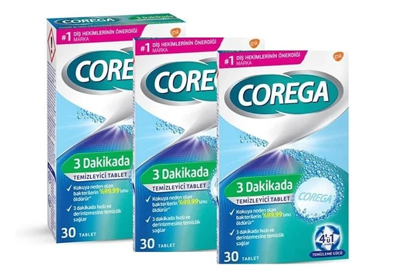 Corega 3 Dakikada Temizleyici 30 Tablet - 3'LÜ Paket - SKT:07/2028 ürün görseli 1
