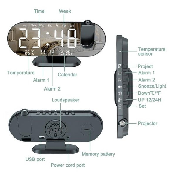 Valkyrie Projeksiyon Çift Alarm Dereceli LED Masa Saati - Resim 6