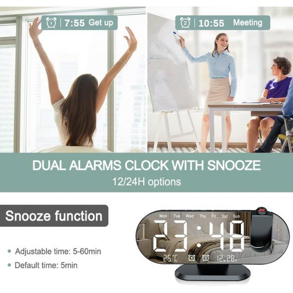 Valkyrie Projeksiyon Çift Alarm Dereceli LED Masa Saati - Resim 7