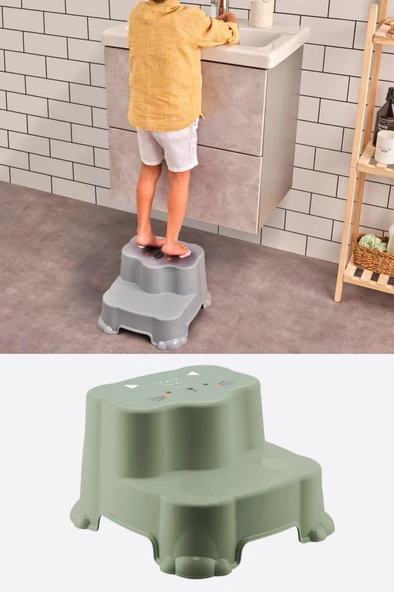 Flosoft Kaydırmaz Çocuk Taburesi Çift Basamaklı, Çocuk Banyo Lavabo Merdiven Yükseltici Yeşil ürün görseli 1