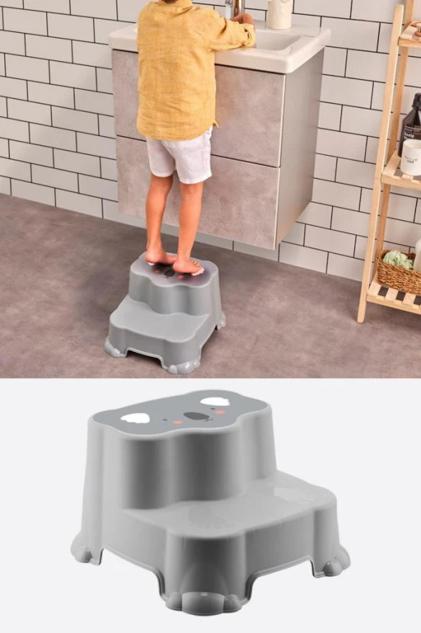 Flosoft Kaydırmaz Çocuk Taburesi Çift Basamaklı, Çocuk Banyo Lavabo Basamak Merdiven Yükseltici Gri ürün görseli 1