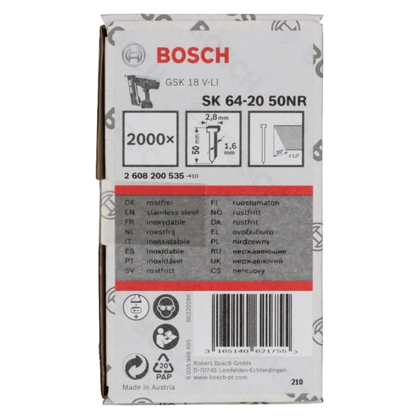 Bosch Gnh 18v-64 m Uyumlu SK64-20 NR Paslanmaz Başsız Çivi 50mm 2000 Adet 2608200535 ürün görseli 1