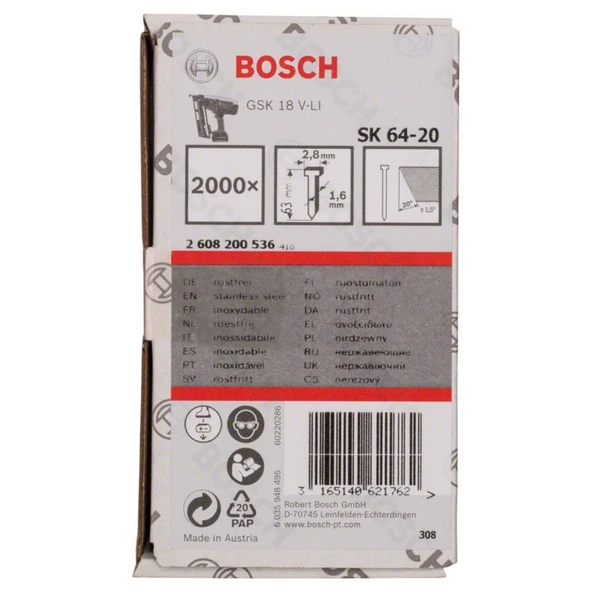 Bosch Gnh 18v-64 m Uyumlu SK64-20 NR Paslanmaz Başsız Çivi 63mm 2000 Adet 2608200536 ürün görseli 1