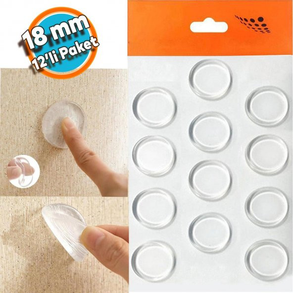 Yapışkanlı Kaydıramaz Cam Tutucu Şeffaf 18 mm 12Li Mobilya Raf Ses Tutucu ürün görseli 1