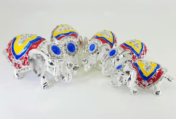 Swaroski Taşlı Metal Bereket Fili 5li Mücevher Kutusu Gri ürün görseli 1
