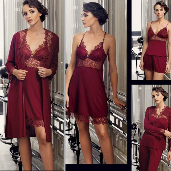 Perin 190 Bordo  Penye  6 Lı Gecelik Sabahlık  Çeyiz Seti ürün görseli 1