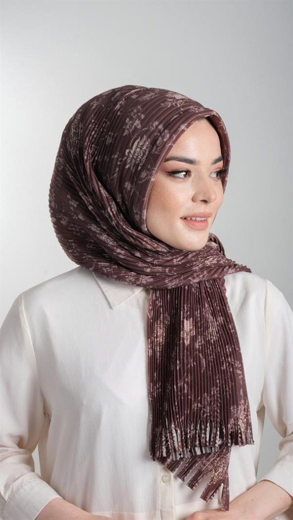 Kahverengi Pratik Hazır Geçmeli Tesettür Eşarp Kesik Elyaf Piliseli Çiçek Desenli 1818D6_14 ürün görseli 1