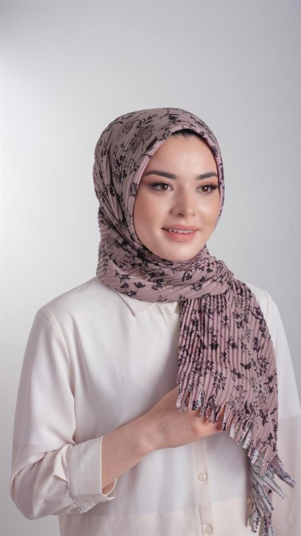 Vizon Pratik Hazır Geçmeli Tesettür Eşarp Kesik Elyaf Piliseli Çiçek Desenli 1818D6_10 ürün görseli 1