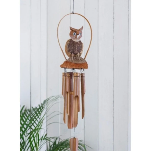 Baykuş Figürlü Bambu Rüzgar Çanı 90 cm - Resim 4
