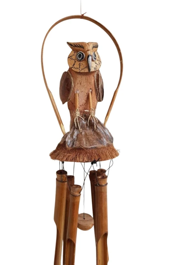 Baykuş Figürlü Bambu Rüzgar Çanı 90 cm - Resim 7
