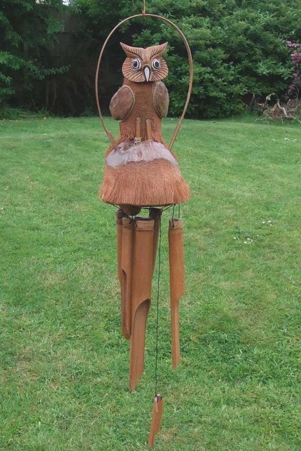 Baykuş Figürlü Bambu Rüzgar Çanı 90 cm - Resim 9