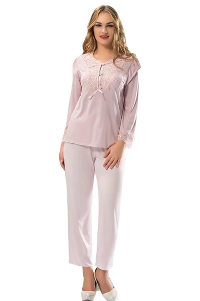 Sistina Bayan Ekru Dantelli Penye Uzun Kollu Pijama Takımı 1567 ürün görseli 1