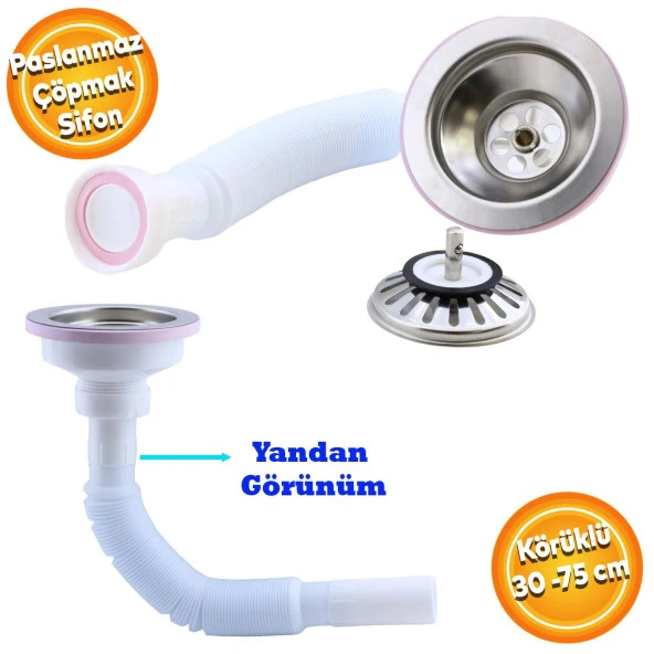 Lüks Çöpmak Körüklü Evye Lavabo Sifonu Gider Borusu Akordiyon Plastik Geniş Kafa Paslanmaz 30 -75 cm ürün görseli 1
